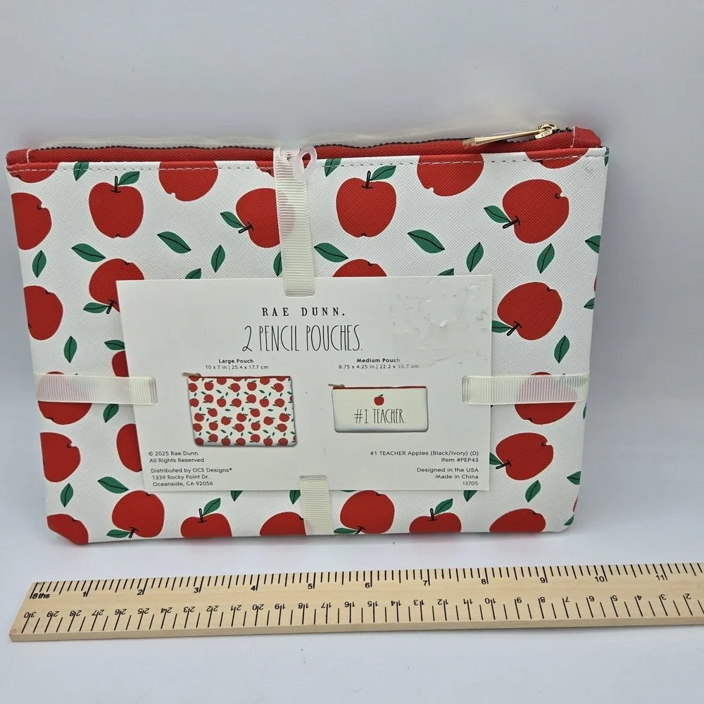 Rae Dunn Teacher Appreciation Themed Pencil Pouch Set Apple Print Gift‎ New